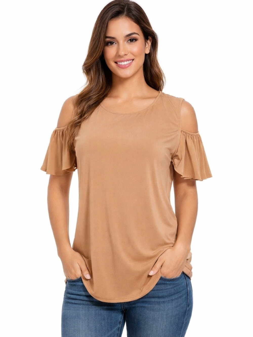 Loalde NEW Camel Cold Shoulder Ruffle Sleeve Feminine Romantic Blouse Size 12